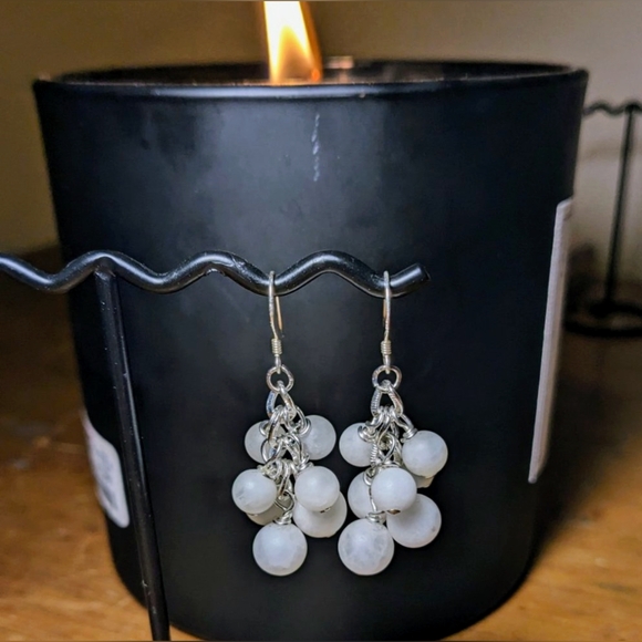 Snow Quartz Genuine Gemstone Handmade Earrings, Silver Chain, Sterling Ear wires - Picture 2 of 3